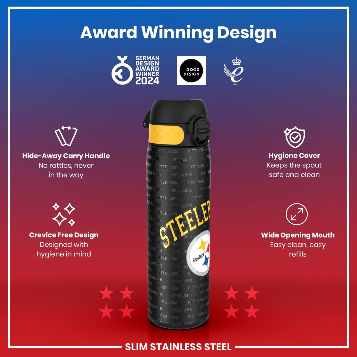 ION8 NFL Pittsburgh Steelers stainless steel water bottle, 600ml, leak-proof design with team logo and durable construction.