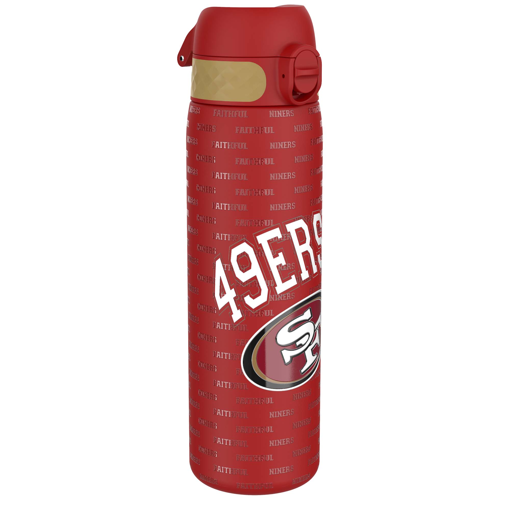 ION8 stainless steel NFL water bottle with San Francisco 49ers logo, leak-proof 600ml (20oz) steel water bottle for sports and hydration.