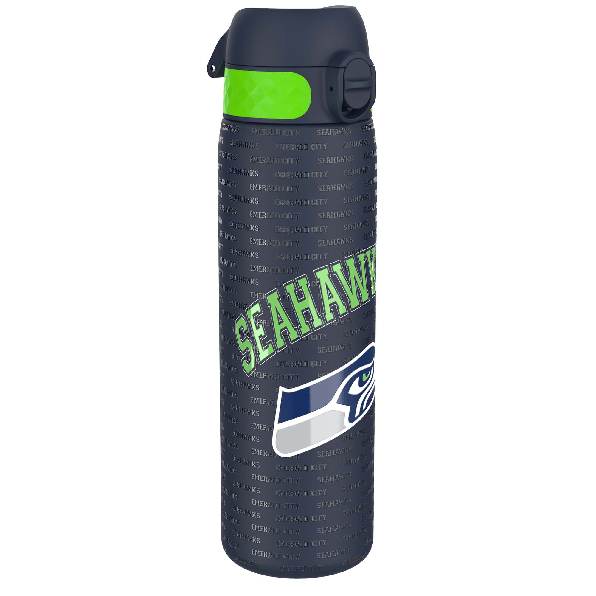 ION8 stainless steel NFL water bottle featuring Seattle Seahawks logo, leak-proof design, 600ml capacity, 20oz sports water bottle