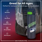 Ion8 stainless steel water bottle featuring NFL Seattle Seahawks logo, 600ml capacity, leak-proof design, 20oz.