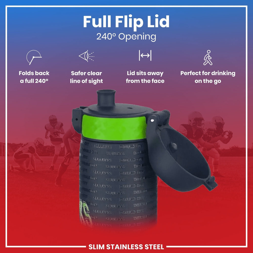 ION8 NFL Seattle Seahawks stainless steel water bottle, 600ml leak-proof steel sports bottle with team logo design.