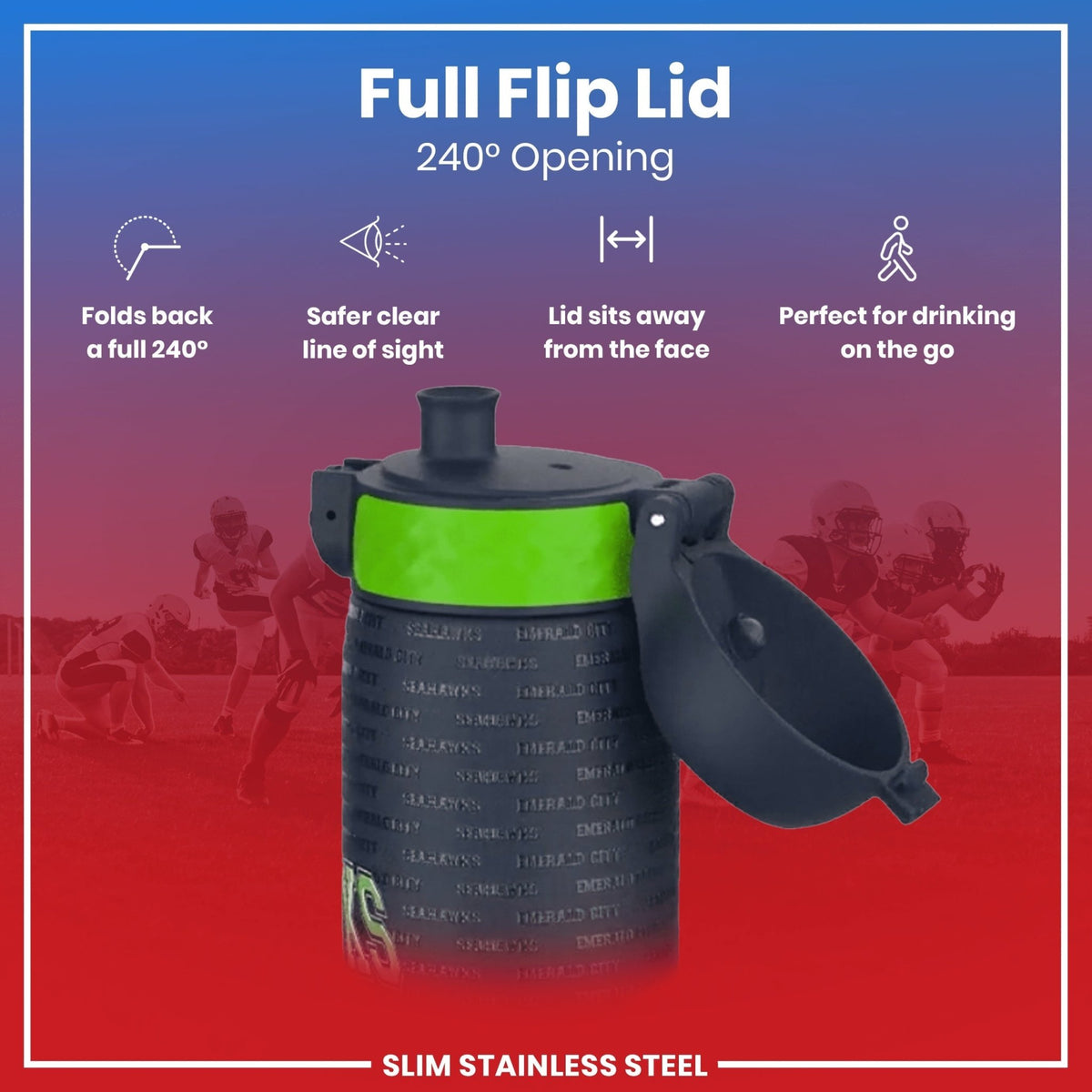 ION8 NFL Seattle Seahawks stainless steel water bottle, 600ml leak-proof steel sports bottle with team logo design.
