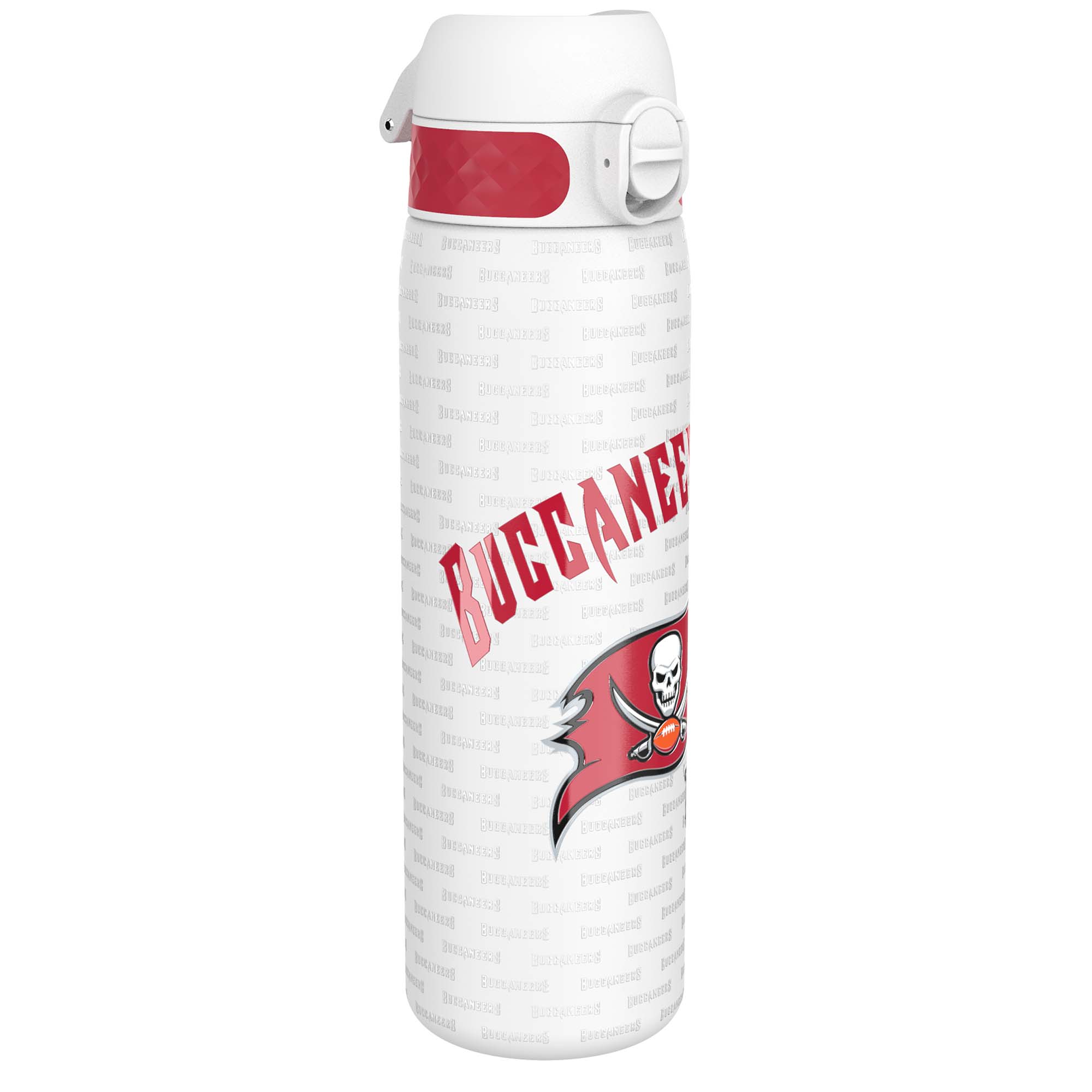 ION8 stainless steel NFL water bottle featuring Tampa Bay Buccaneers logo, leak-proof design, 600ml capacity, and durable construction.