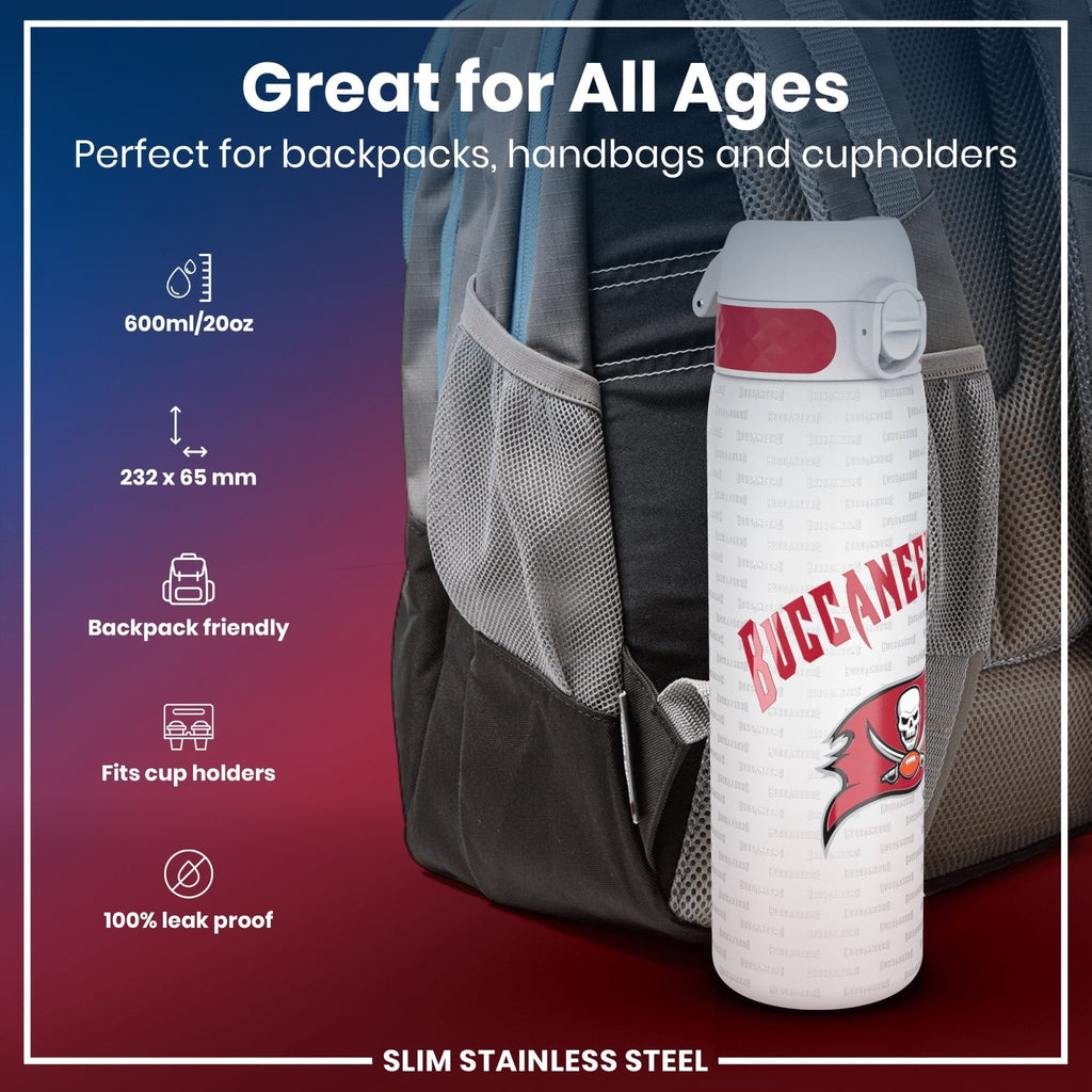 ION8 NFL Tampa Bay Buccaneers stainless steel water bottle, 600ml leak-proof steel water bottle with Buccaneers logo.