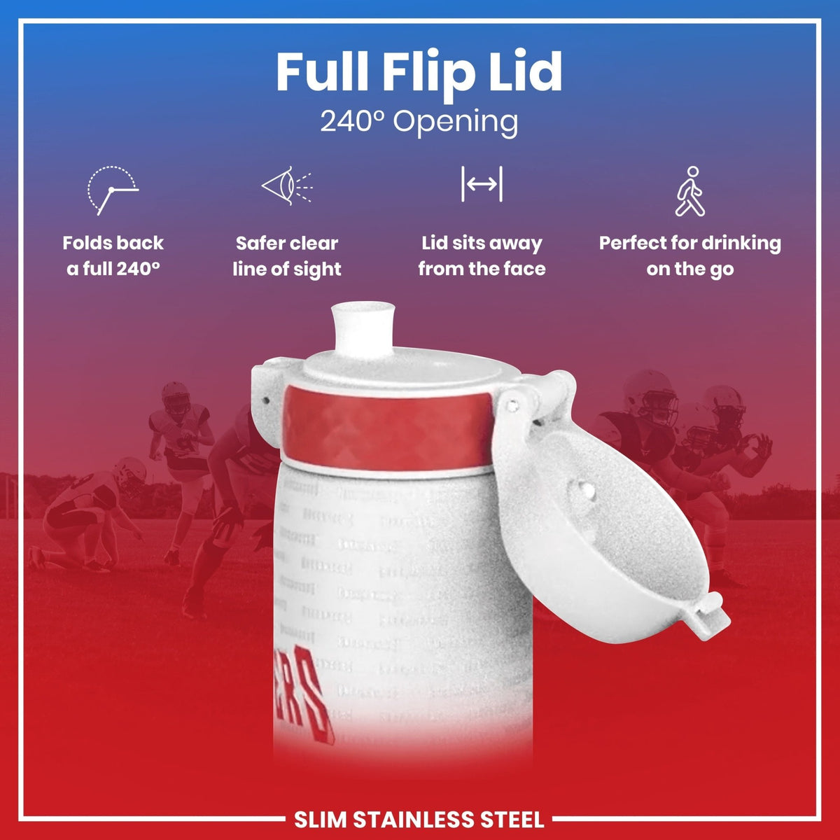 ION8 NFL Tampa Bay Buccaneers stainless steel water bottle, 600ml, leak-proof design, with team logo and durable construction.