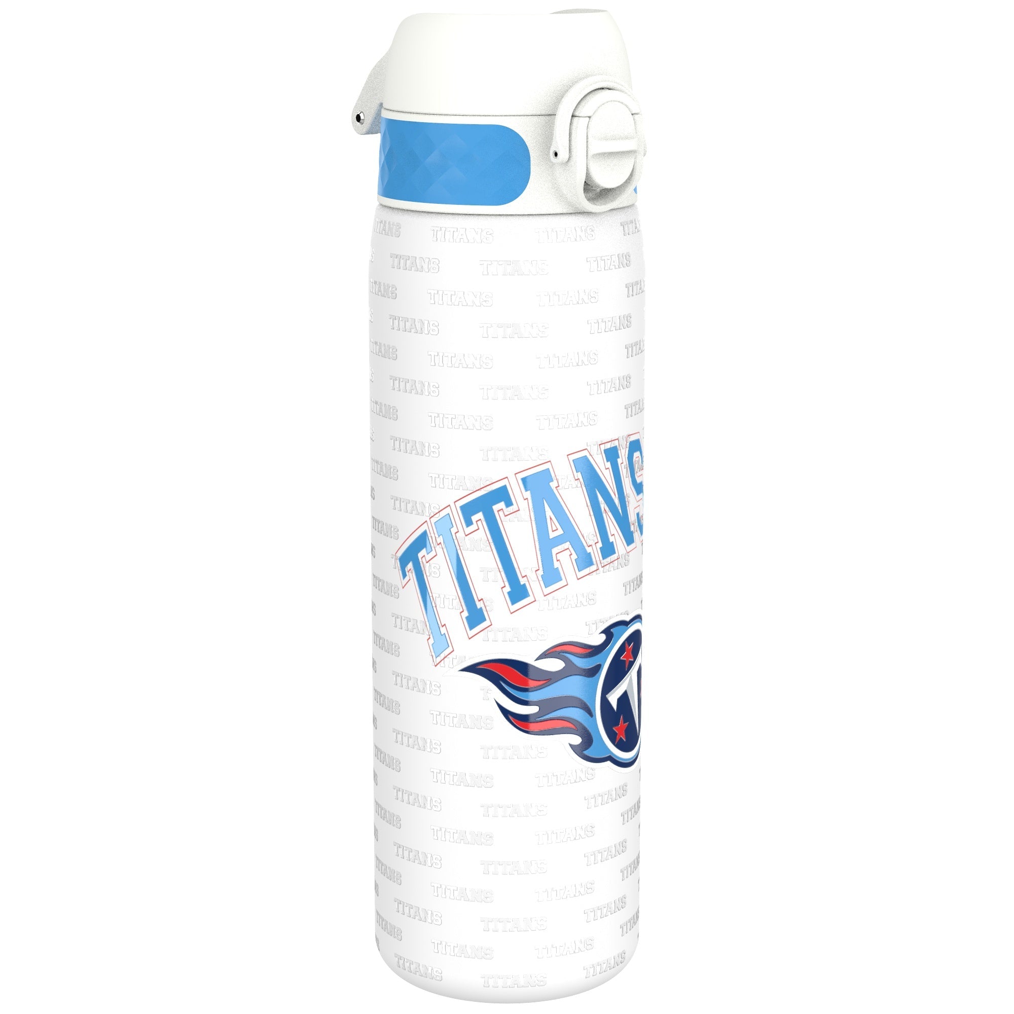 ION8 stainless steel NFL water bottle featuring Tennessee Titans logo, leak-proof design, 600ml capacity, and durable construction.