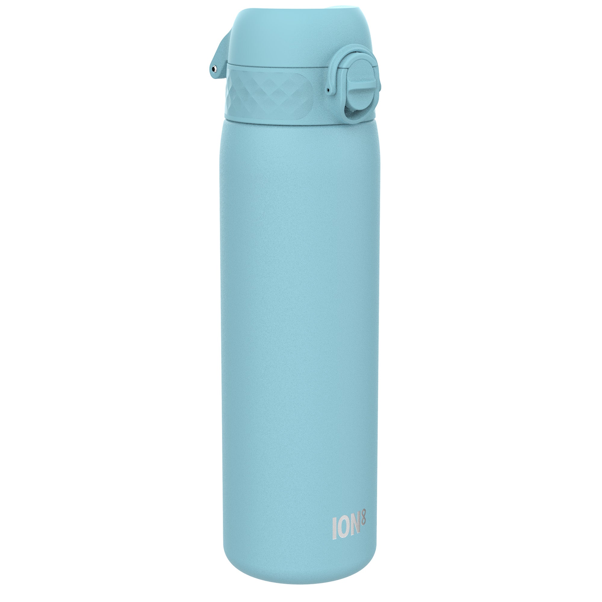 Ion8 stainless steel water bottle in Alaskan Blue, 600ml leak-proof slim design, ideal for staying hydrated on the go.