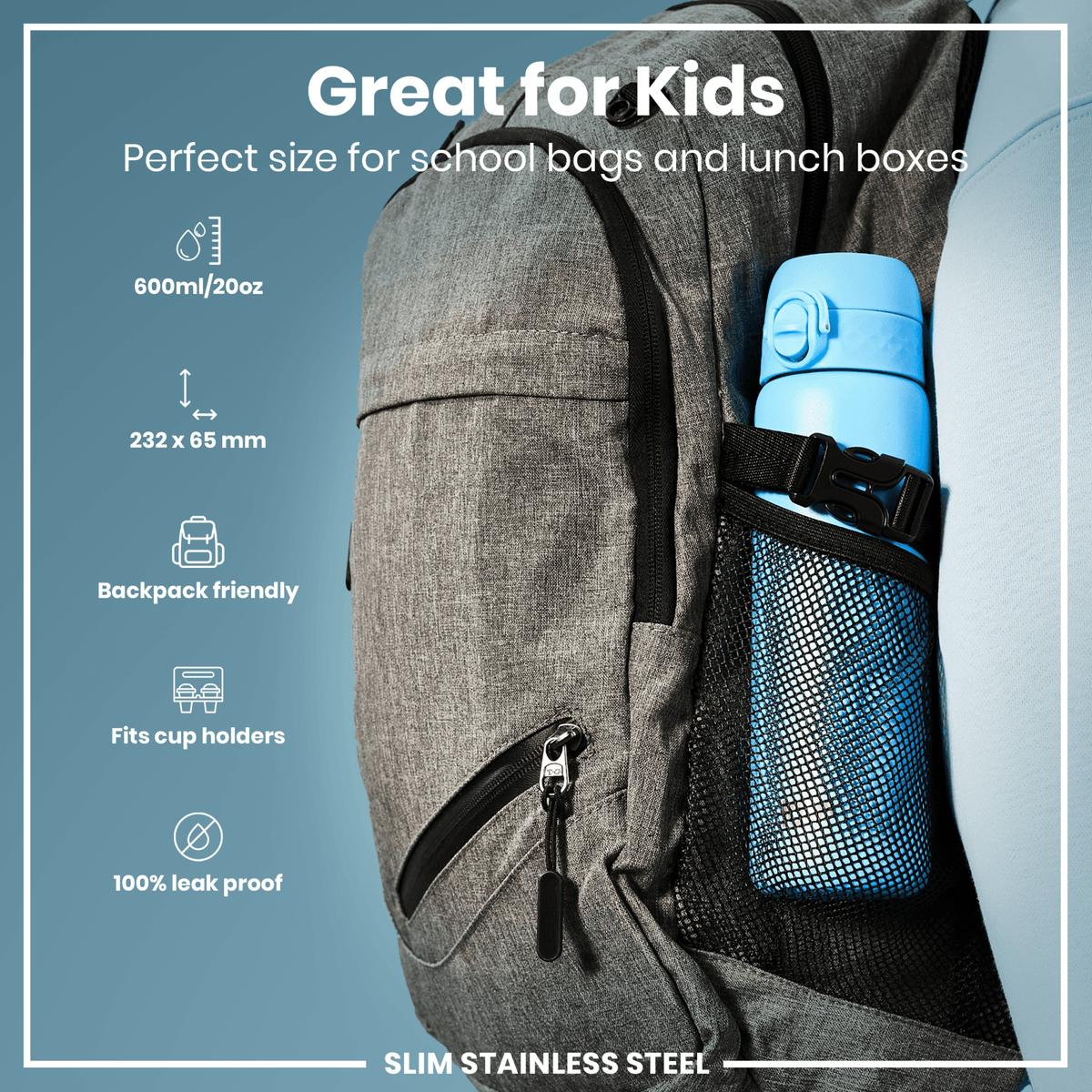 ION8 stainless steel water bottle in Alaskan Blue, 600ml, leak-proof, slim design, durable steel water bottle for daily use