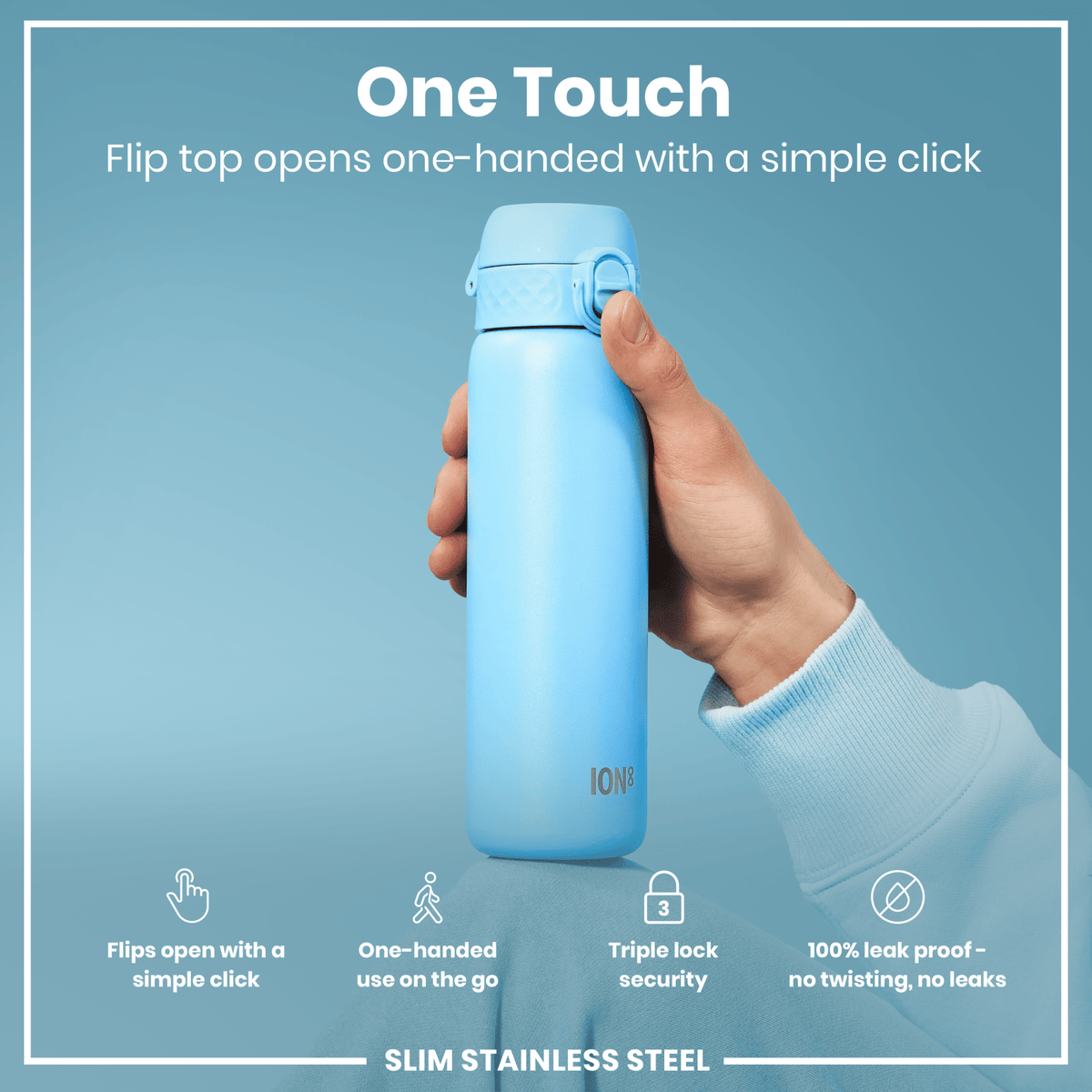 Ion8 stainless steel water bottle in Alaskan Blue, 600ml, leak-proof, slim design, durable and ideal for hydration on the go.