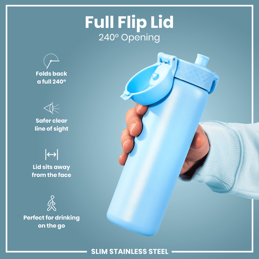 ION8 stainless steel water bottle in Alaskan Blue, 600ml, slim, leak-proof design for durable hydration.