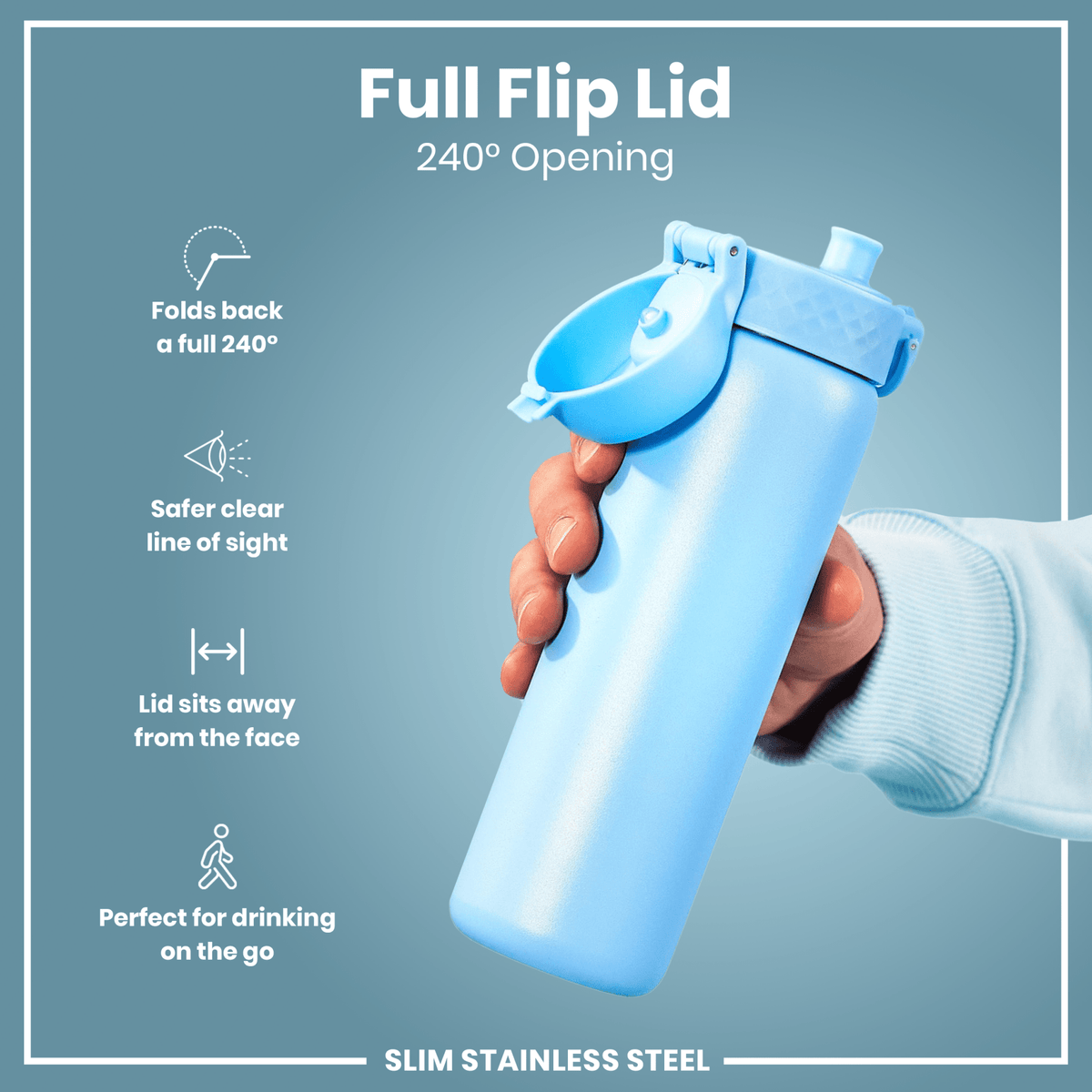 ION8 stainless steel water bottle in Alaskan Blue, 600ml, slim, leak-proof design for durable hydration.
