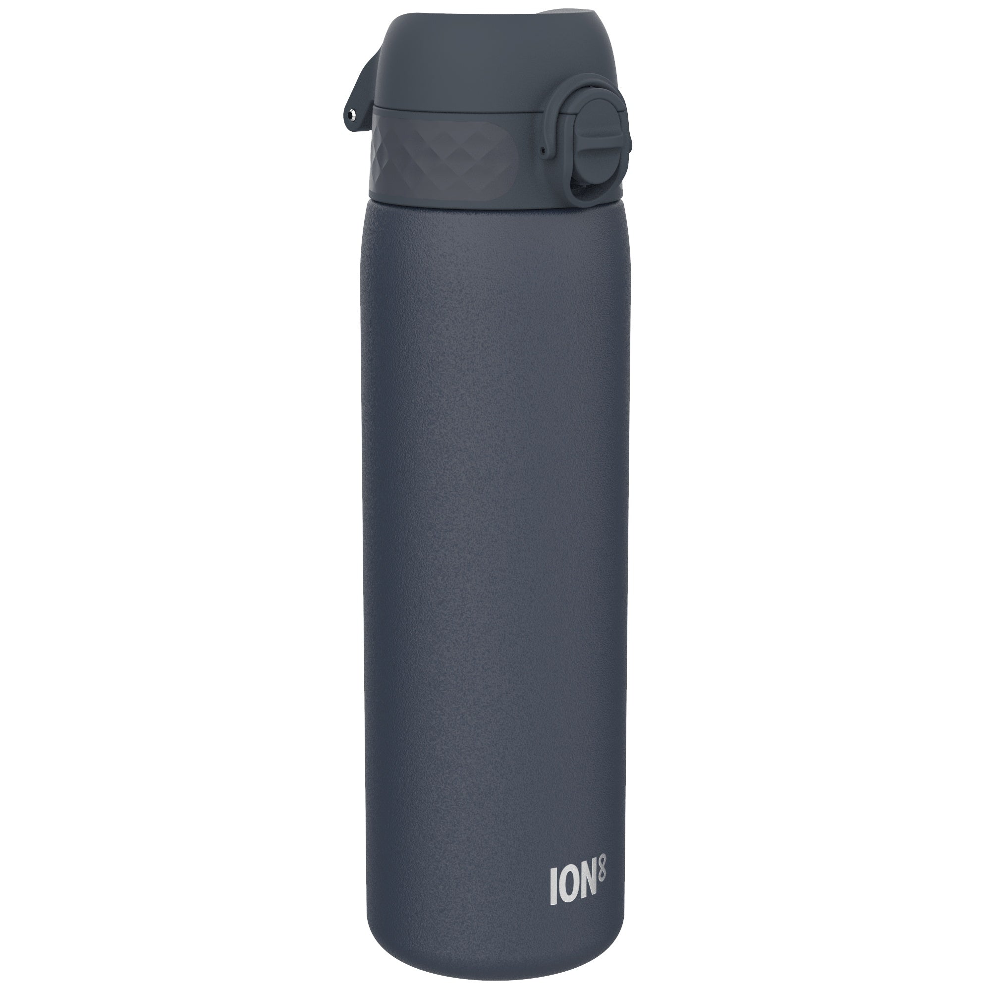 Ion8 leak-proof slim stainless steel water bottle in ash navy, 600ml (20oz), designed for durable, spill-resistant hydration.
