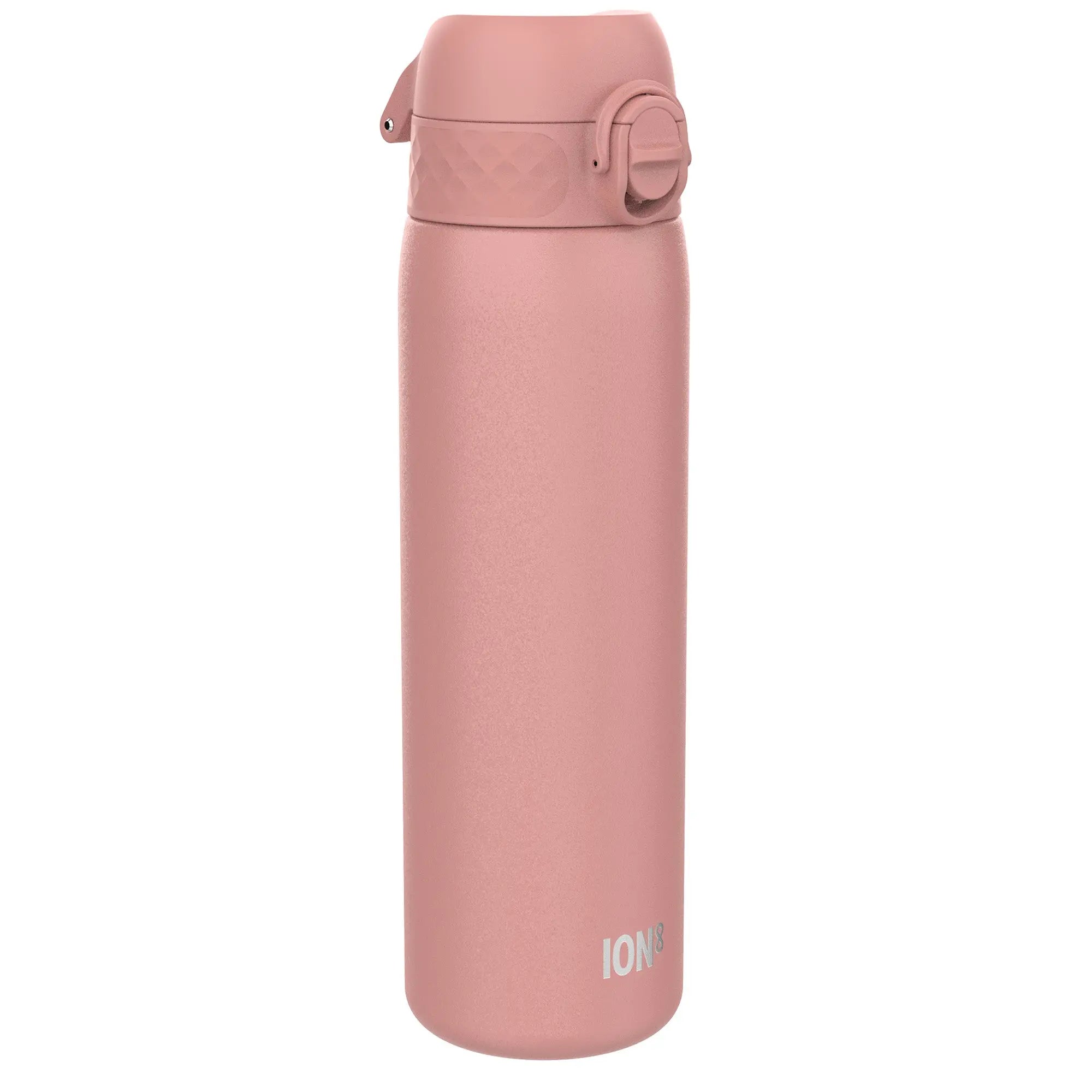Ion8 leak-proof slim stainless steel water bottle in ash rose, 600ml (20oz) with a sleek design and secure lid.