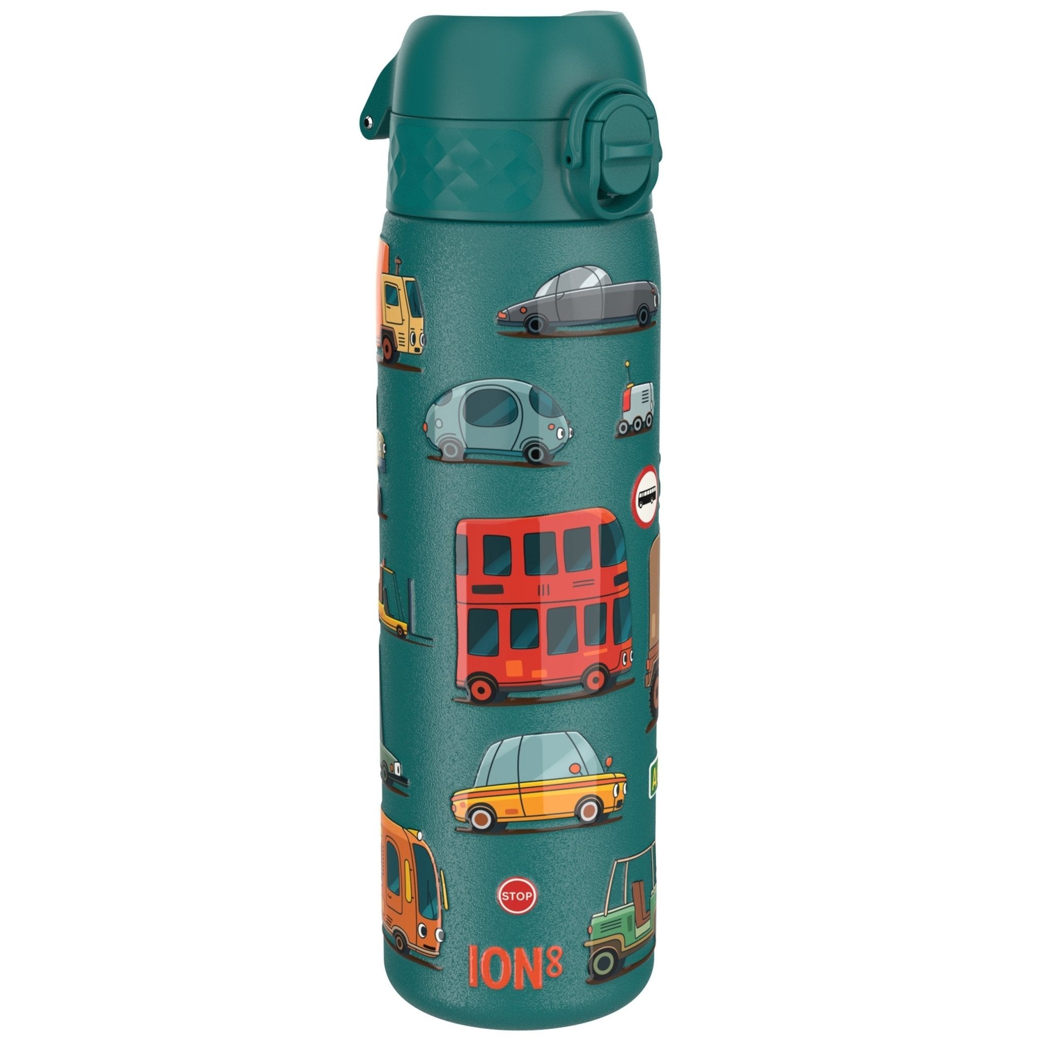ION8 stainless steel leak-proof slim water bottle, 600ml (20oz), portable and durable for automobiles and on-the-go hydration.