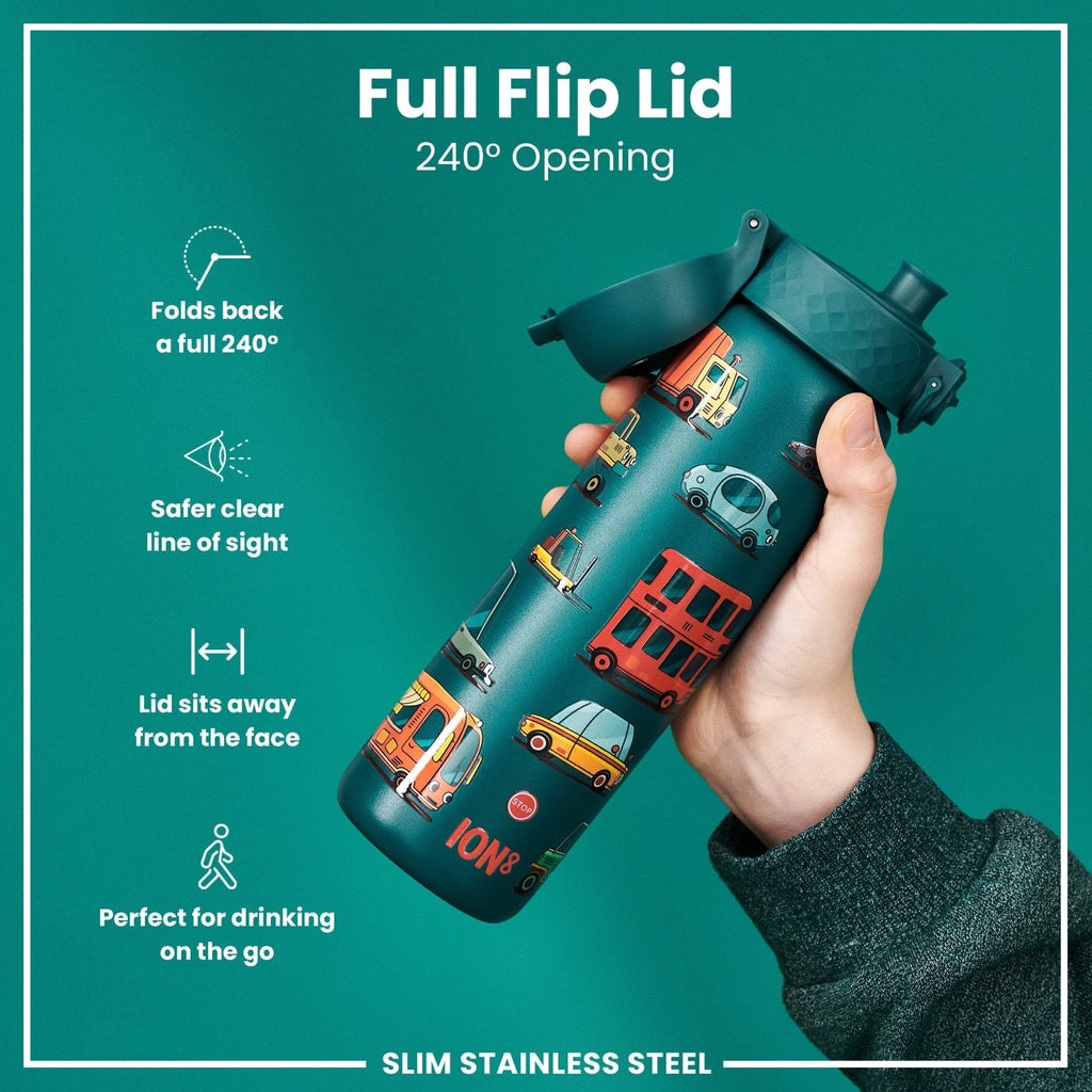 ION8 stainless steel water bottle with automotive design, 600ml capacity, leak-proof, slim and durable for everyday use.