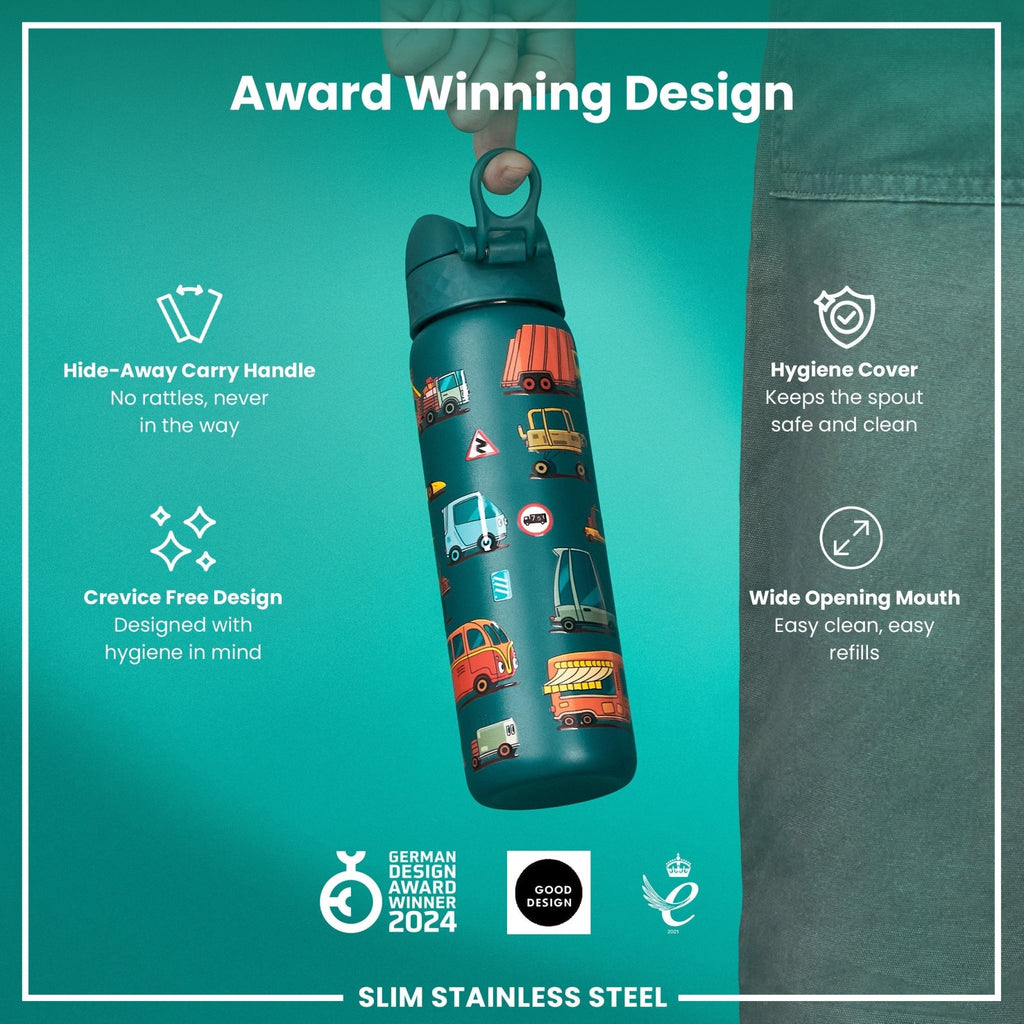 Ion8 stainless steel water bottle with automobile design, 600ml (20oz), leak-proof, slim, durable, ideal for on-the-go hydration.