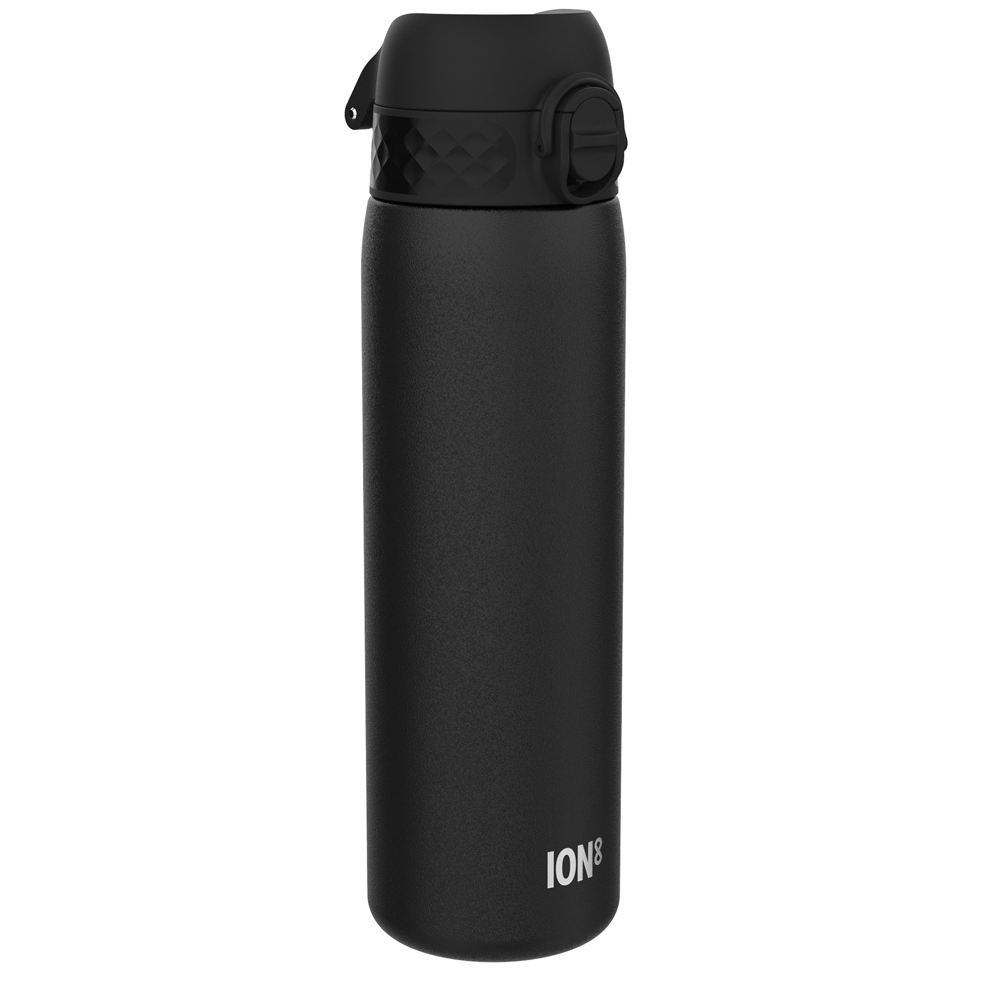 Ion8 stainless steel leak-proof slim water bottle in black, 600ml (20oz), with a sleek design and secure lid.