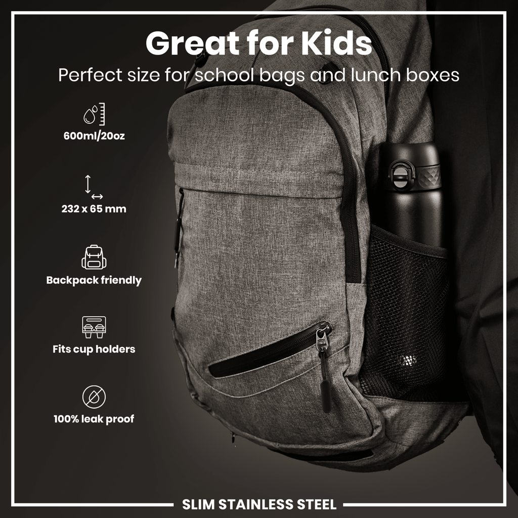 Black 600ml stainless steel water bottle by ION8, leak-proof and slim design suitable for daily hydration.
