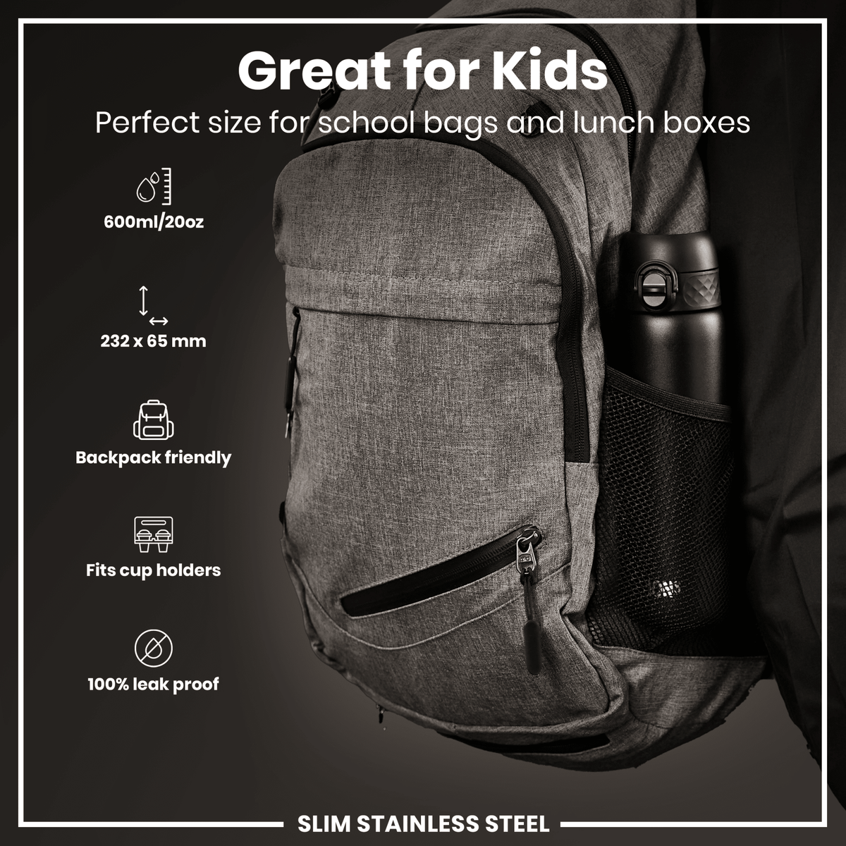 Black 600ml stainless steel water bottle by ION8, leak-proof and slim design suitable for daily hydration.