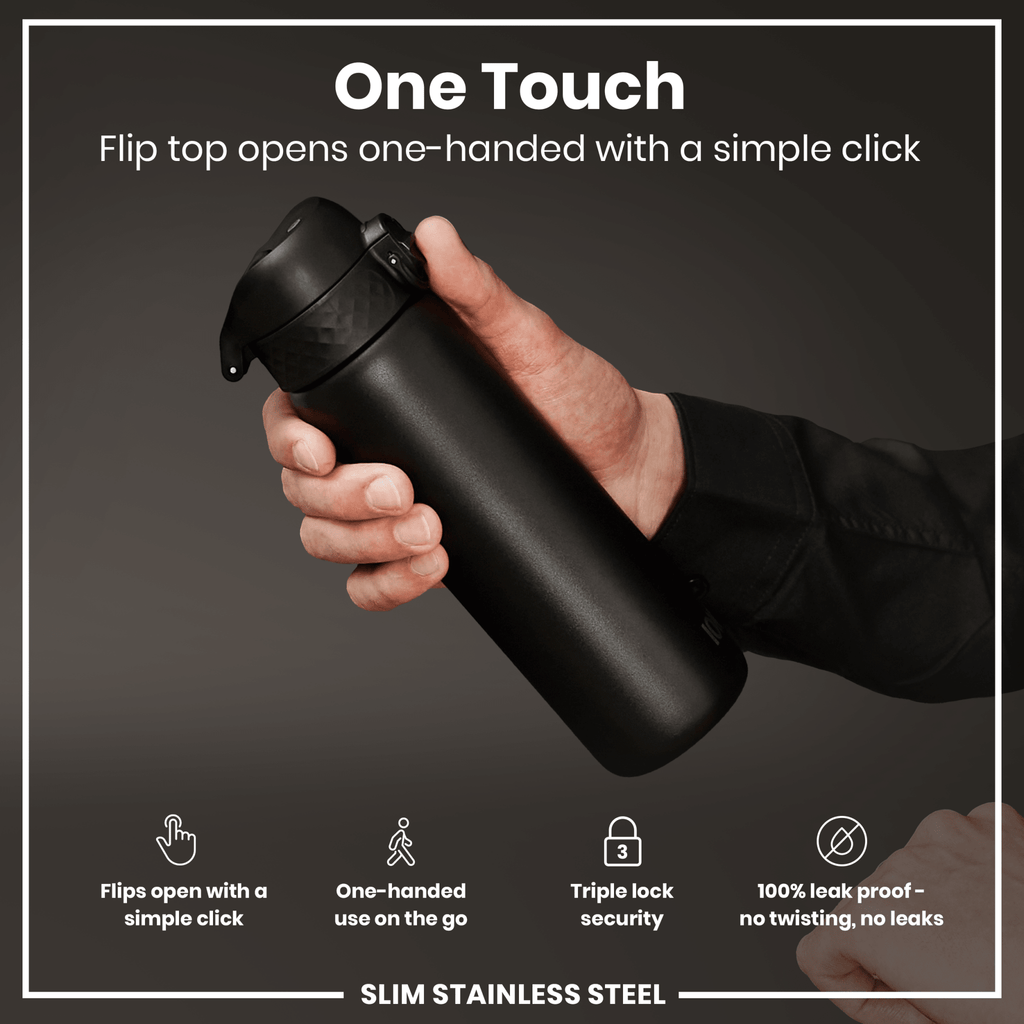 ION8 stainless steel water bottle in black, 600ml capacity, leak-proof, slim design perfect for staying hydrated on the go