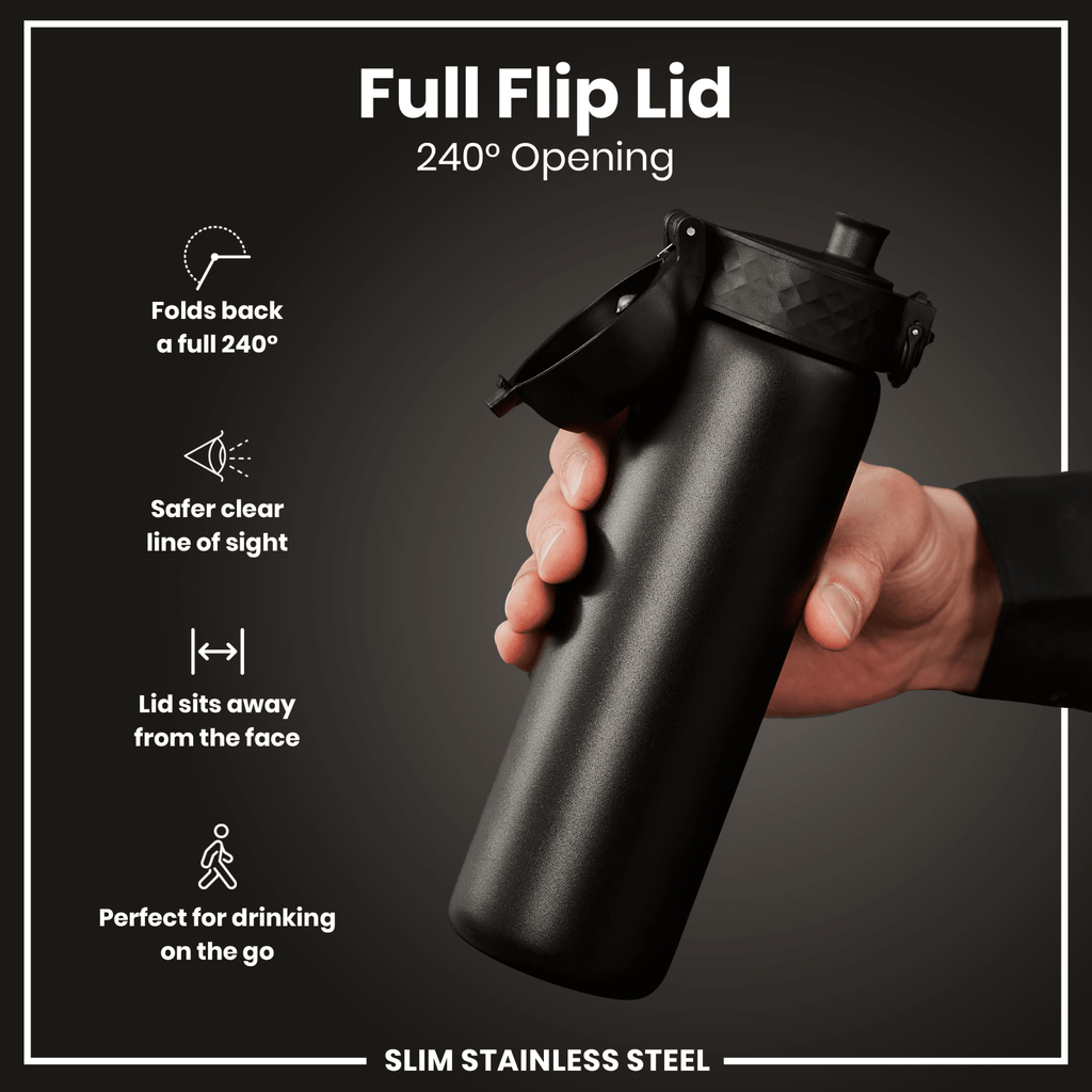 Black stainless steel water bottle by ION8, 600ml capacity, leak-proof design, slim shape, ideal for hydration on the go