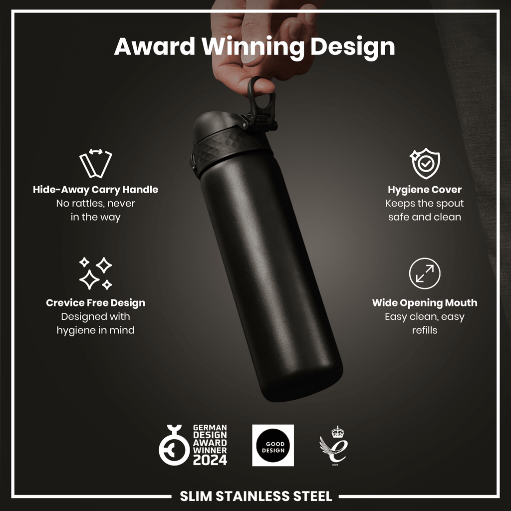 Black 600ml stainless steel water bottle by ION8, leak-proof and slim design, durable and insulated for cold drinks