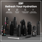 Black 600ml stainless steel water bottle by ION8, leak-proof, slim design, ideal for hydration on the go.