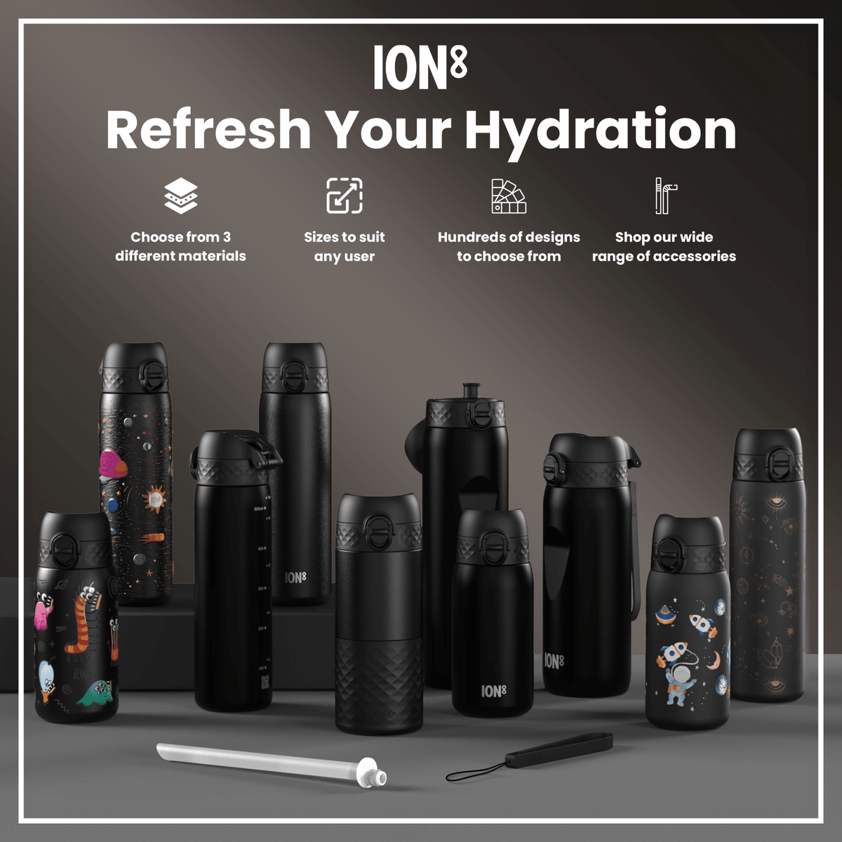Black 600ml stainless steel water bottle by ION8, leak-proof, slim design, ideal for hydration on the go.