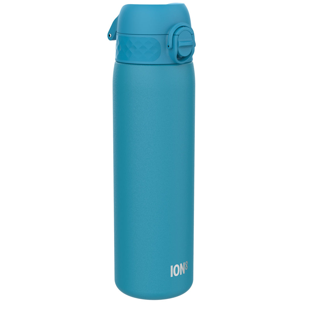 Blue 600ml stainless steel water bottle from ION8, leak-proof, slim design, durable steel water bottle for hydration.