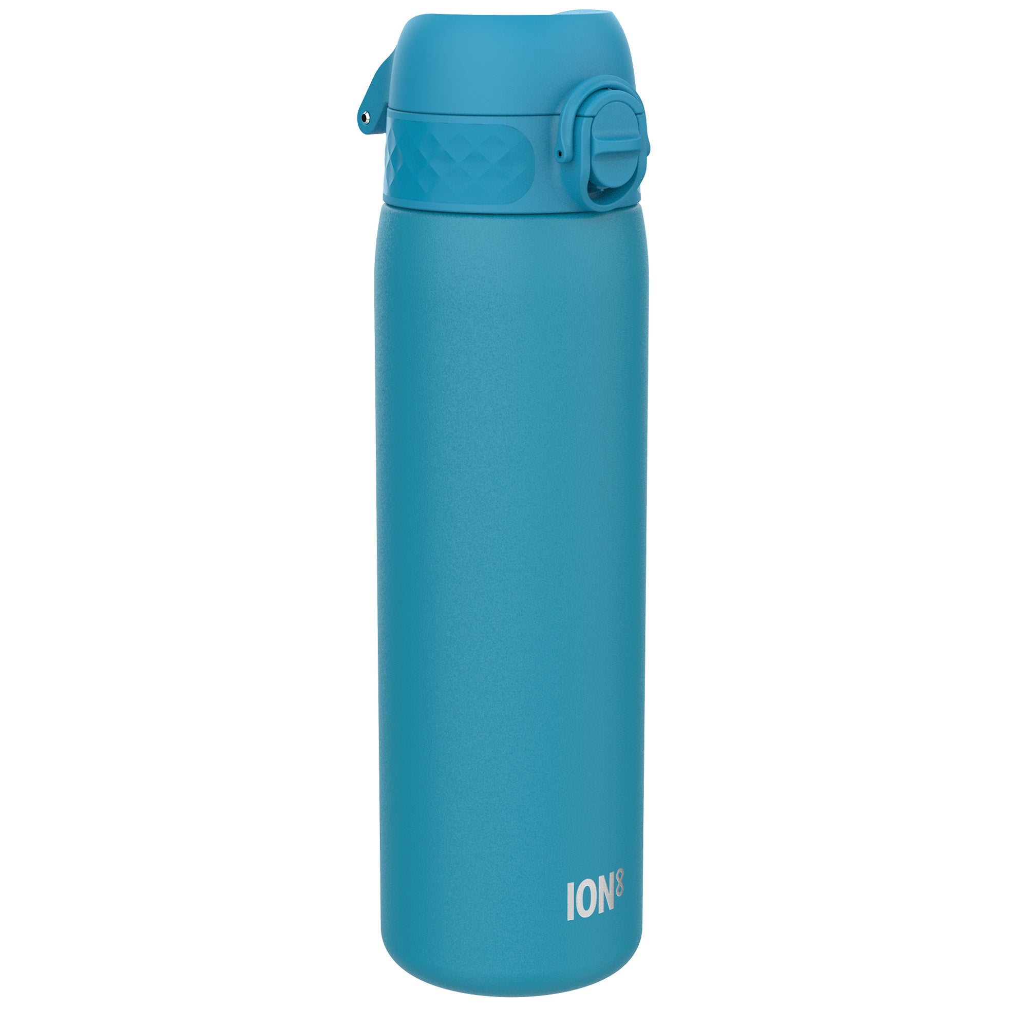 Blue ION8 600ml stainless steel leak-proof slim water bottle with durable design and secure lid.