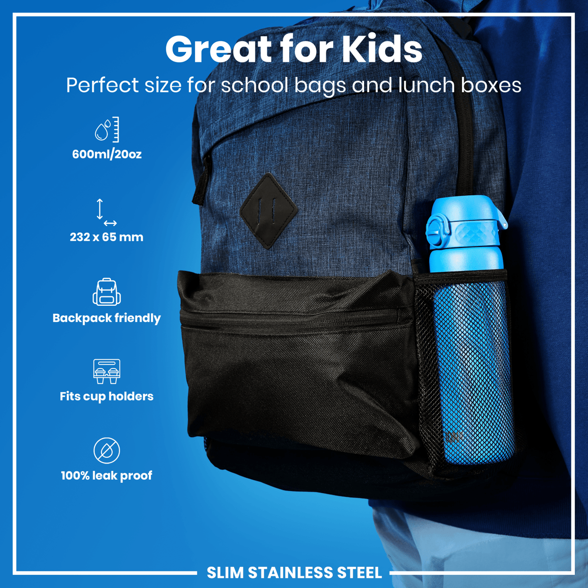 Ion8 stainless steel water bottle, 600ml blue leak-proof, slim design, durable steel water bottle for hydration.