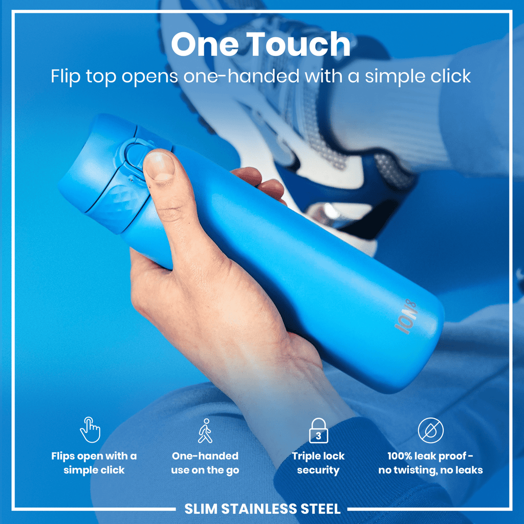 Blue 600ml stainless steel water bottle by ION8, leak-proof slim design for durable hydration.