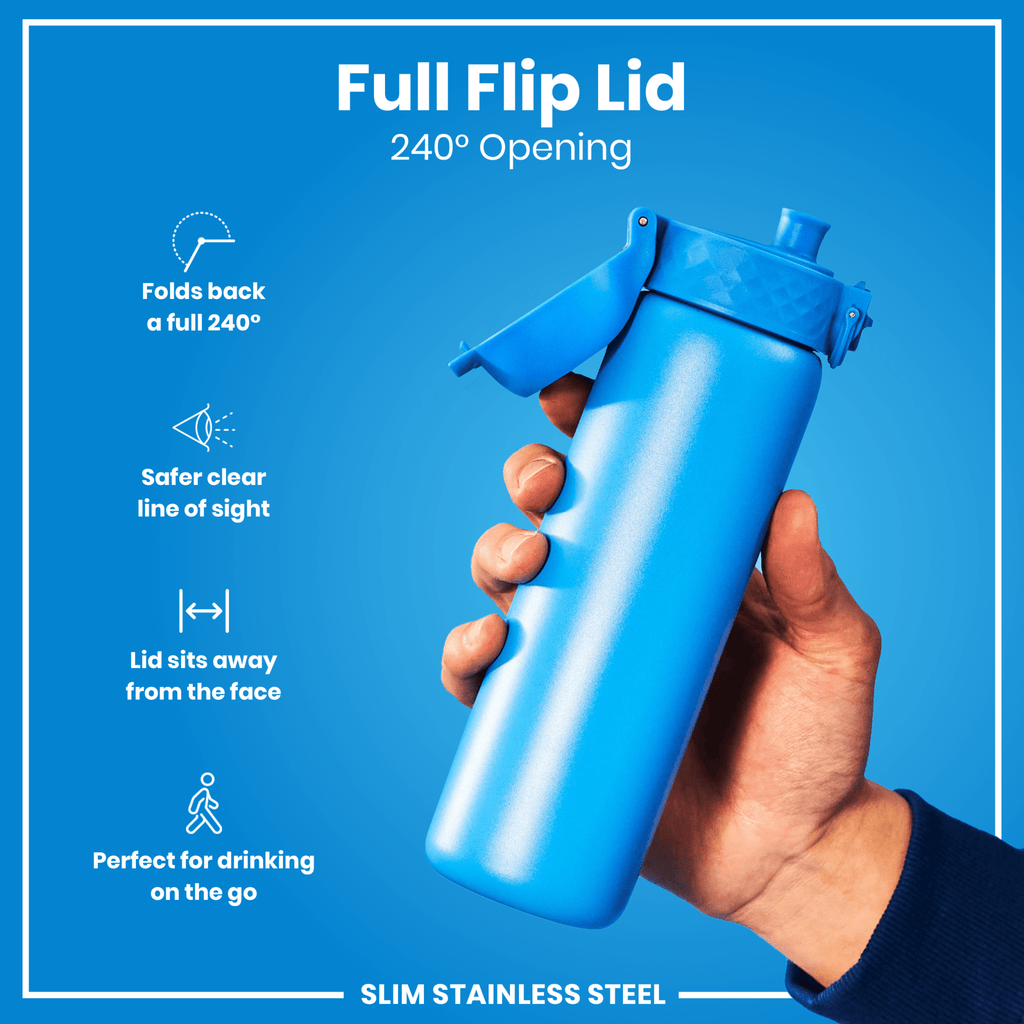 Blue 600ml stainless steel water bottle by ION8, leak-proof and slim design for durable hydration.
