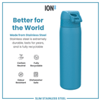 Blue 600ml stainless steel water bottle by ION8, leak-proof slim design perfect for hydration on the go