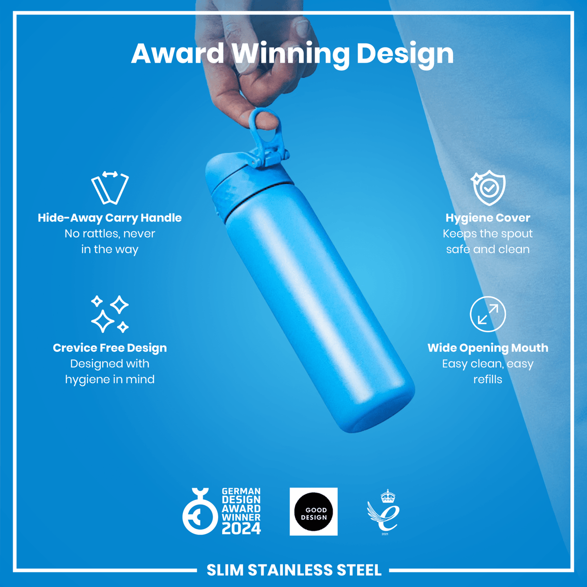 Ion8 stainless steel water bottle in blue, 600ml (20oz), leak-proof, slim design perfect for hydration on the go