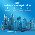 ION8 stainless steel water bottle in blue, 600ml (20oz), leak-proof and slim design for durable hydration.