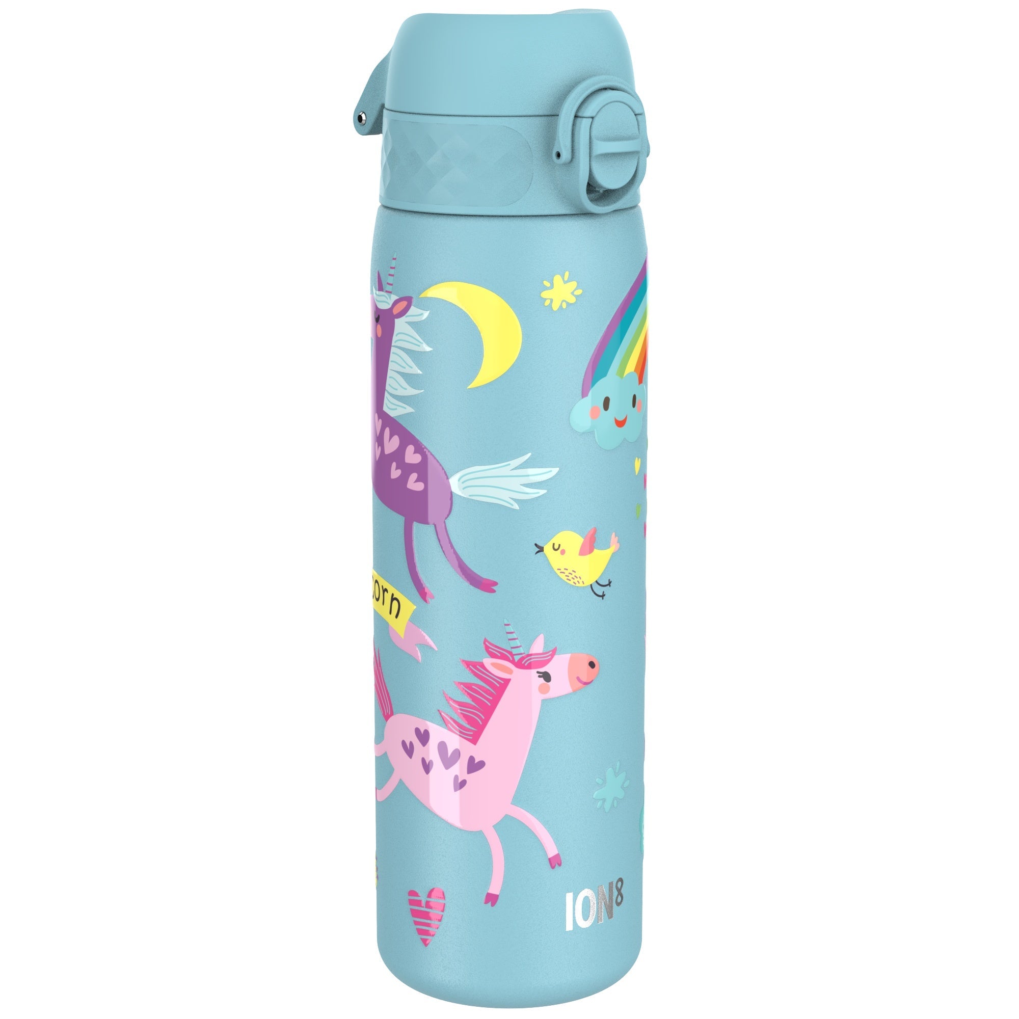 ION8 leak-proof slim stainless steel water bottle with blue unicorns design, 600ml capacity, ideal for staying hydrated on the go.