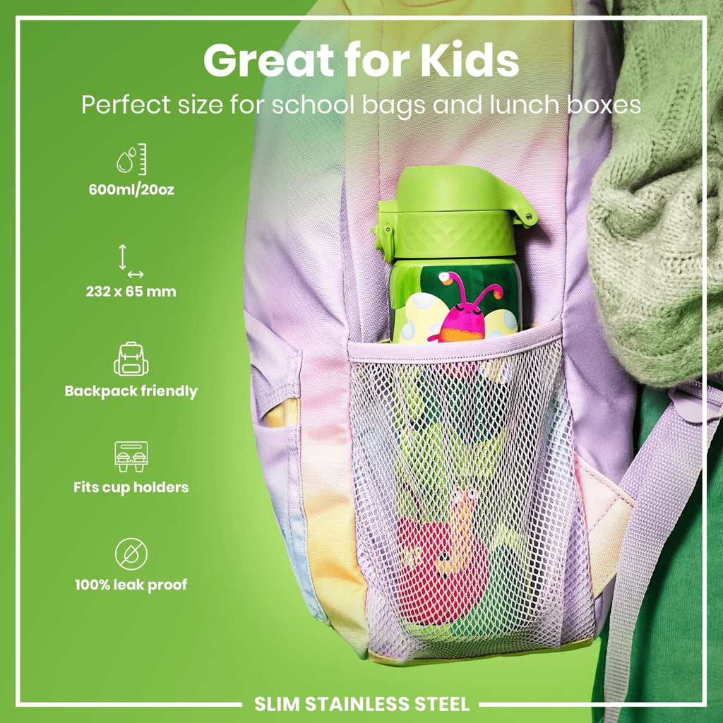 Ion8 stainless steel water bottle with Bugs Life design, 600ml capacity, leak-proof, slim and durable steel water bottle.