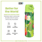 Ion8 stainless steel water bottle featuring a Bugs Life design, 600ml capacity, leak-proof, slim, durable steel construction.