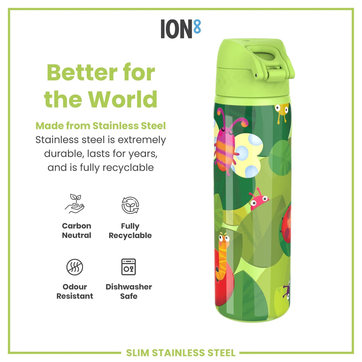 Ion8 stainless steel water bottle featuring a Bugs Life design, 600ml capacity, leak-proof, slim, durable steel construction.