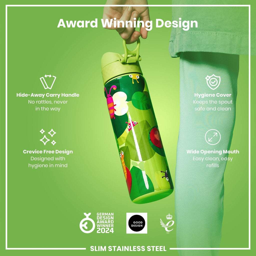 Ion8 stainless steel water bottle with Bugs Life design, 600ml capacity, leak-proof, slim and durable steel water bottle.