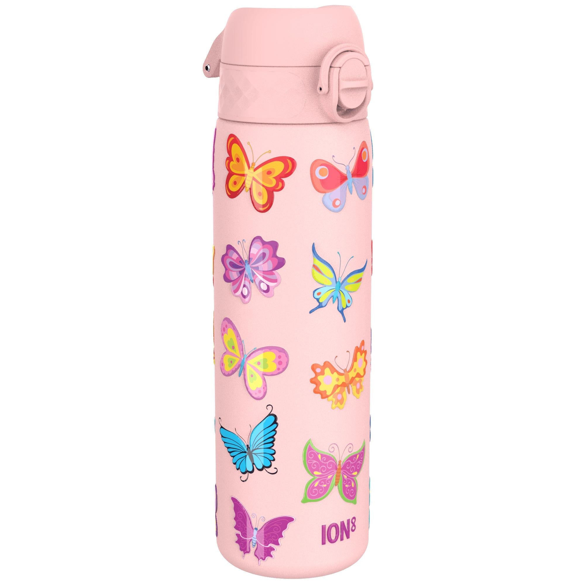 ION8 stainless steel leak-proof slim water bottle with butterfly design, 600ml capacity, durable and portable for everyday use
