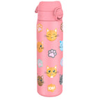 ION8 stainless steel water bottle featuring a cat design, 600ml capacity, leak-proof, slim, durable steel hydration bottle.