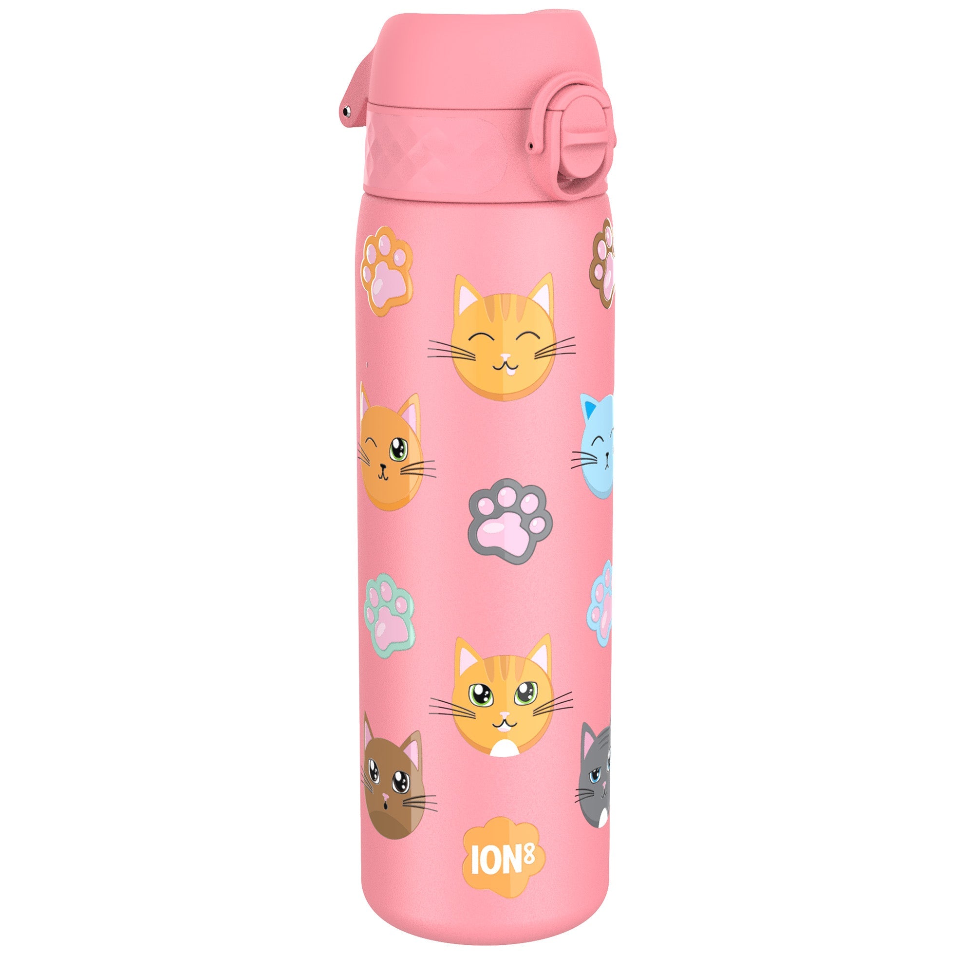 Ion8 stainless steel leak-proof slim water bottle with cat design, 600ml (20oz) capacity, durable and portable for everyday use.
