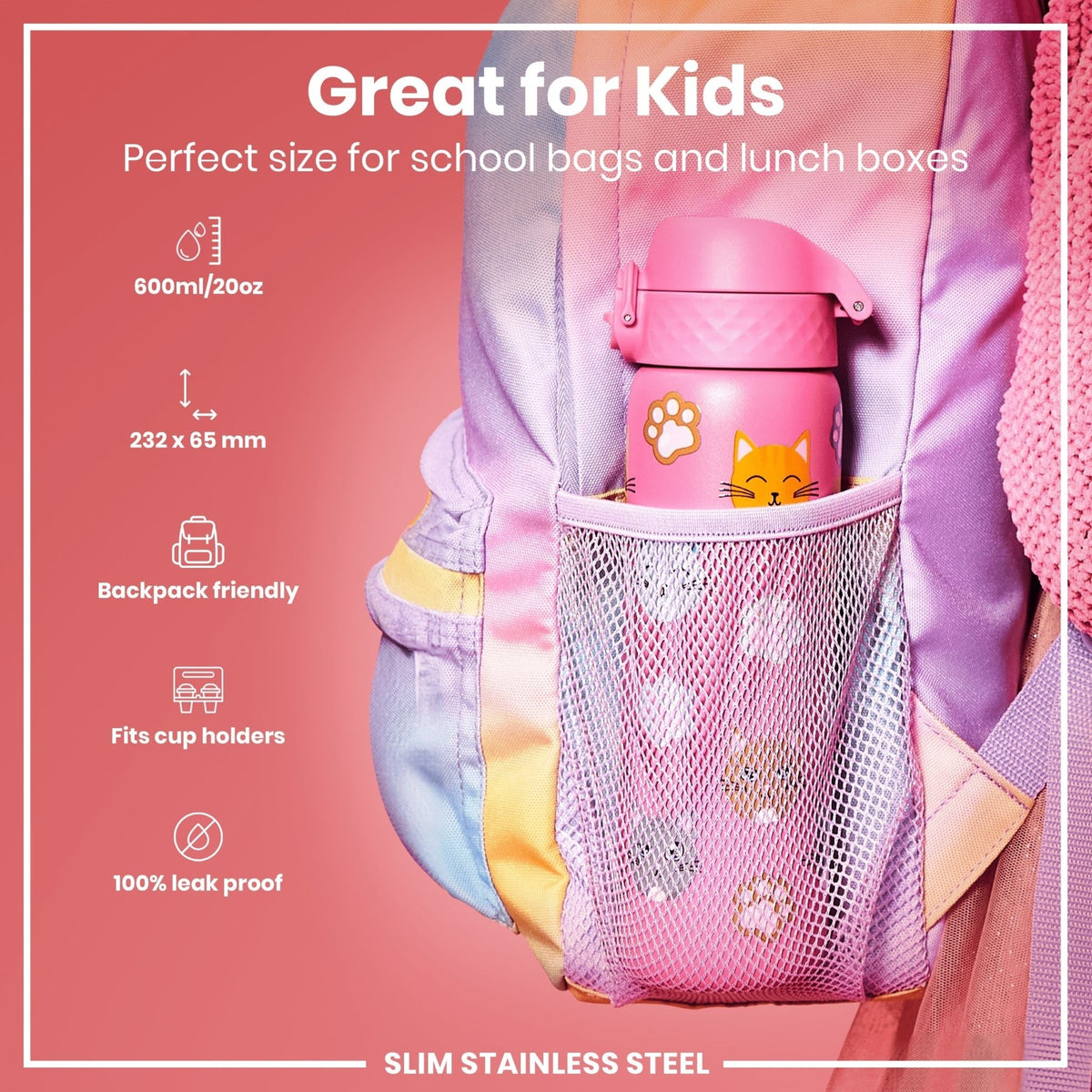 Ion8 stainless steel water bottle with cat design, 600ml capacity, leak-proof, slim and durable for everyday hydration.
