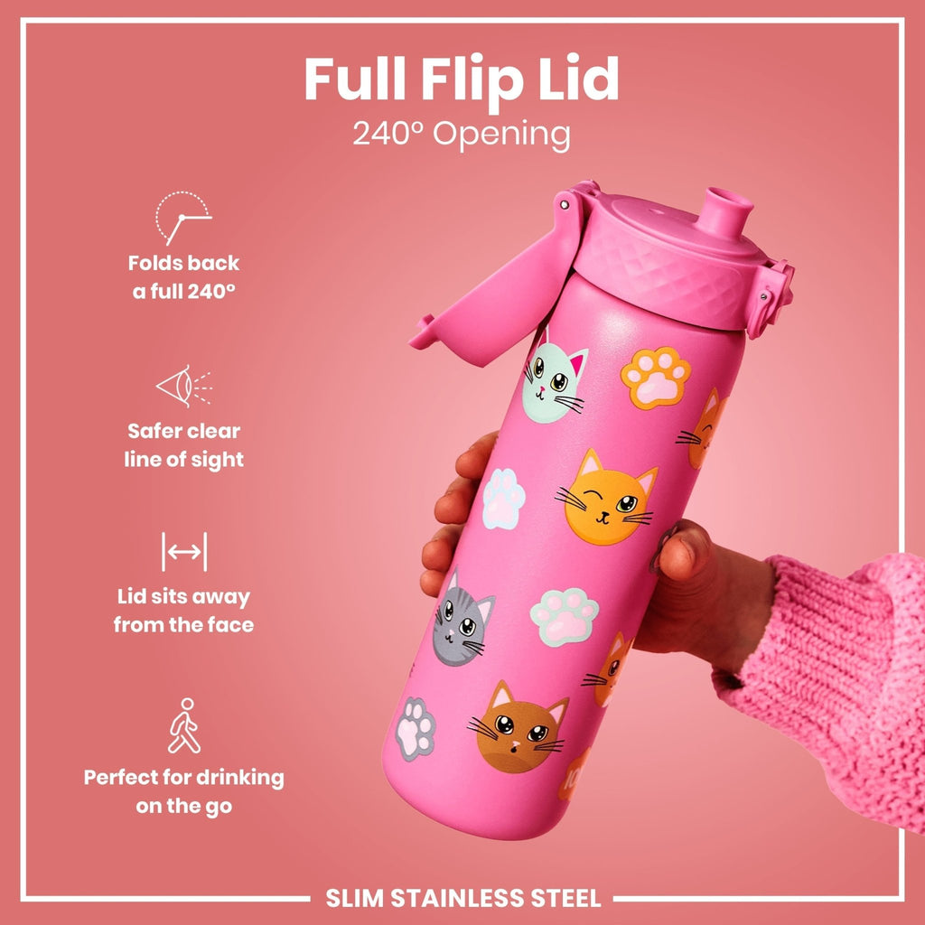 ION8 stainless steel water bottle with a cat design, 600ml capacity, leak-proof, slim, durable steel water bottle for everyday use.