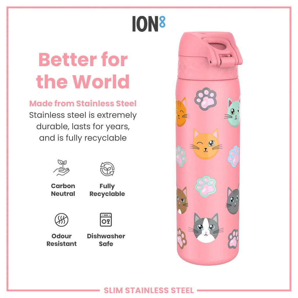 ION8 stainless steel water bottle featuring a cats design, 600ml capacity, leak-proof and slim for convenient hydration.