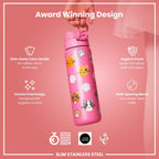 Ion8 stainless steel water bottle with cat design, 600ml capacity, leak-proof, slim, durable steel water bottle for everyday use.