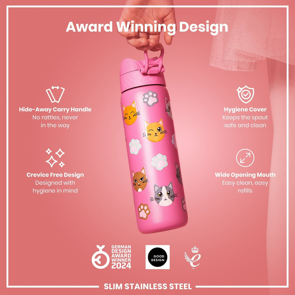 Ion8 stainless steel water bottle with cat design, 600ml capacity, leak-proof, slim, durable steel water bottle for everyday use.