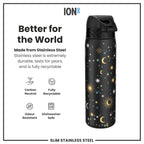 Ion8 stainless steel water bottle, Celestial 600ml, leak-proof slim design, durable and stylish steel water bottle.